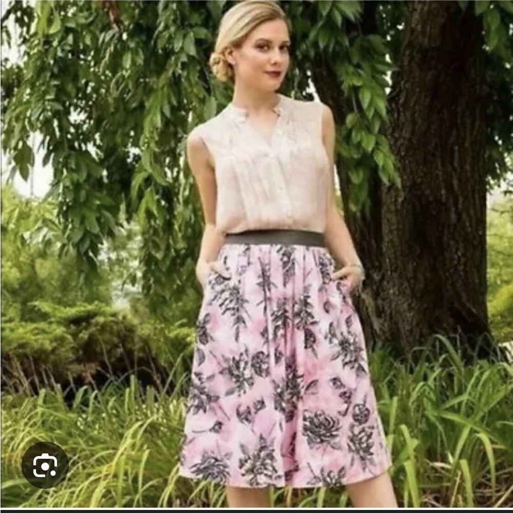 Anthropologie Pink and Black Floral A-Line Skirt